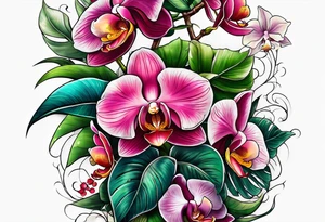Tropical plants and orchids full sleeve tattoo idea