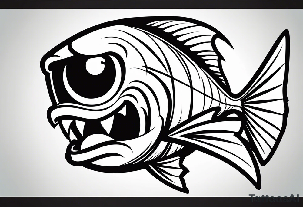 a cartoon fish with sharp, pointed fins and a streamlined body. Its eyes are narrowed with intense, angry brows, and its mouth is twisted into a snarl, showing sharp teeth. The overall appearance is aggressive and intimidating, conveyed through stark black and white contrasts. tattoo idea