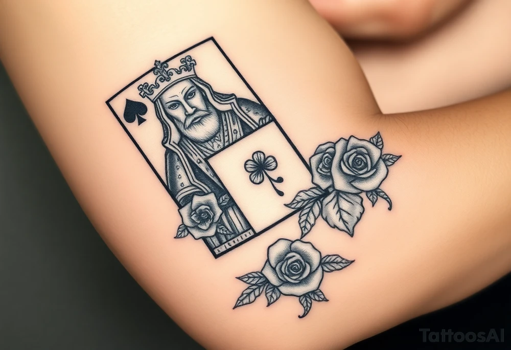 A king playing card with a highland cow, a small four leaf clover, a small spanner the card surrounded by roses tattoo idea