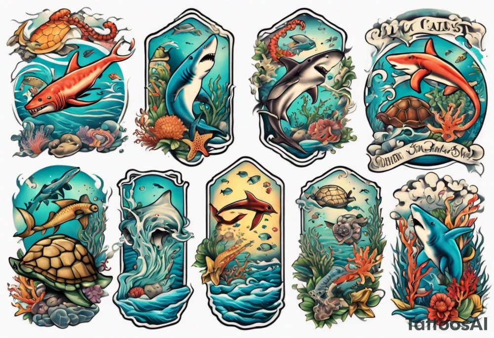An arm sleeve of an aquatic scene of sea animals, including a hammerhead shark, a turtle, an octopus, and a colorful fish tattoo idea