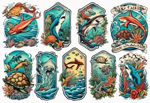 An arm sleeve of an aquatic scene of sea animals, including a hammerhead shark, a turtle, an octopus, and a colorful fish tattoo idea