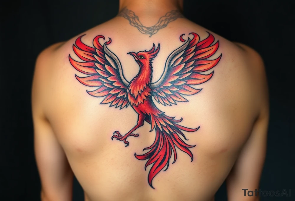 Anime-style phoenix tattoo in the art style of One Piece — bold dynamic linework, exaggerated expressive features, vibrant fiery colors, swirling flames, detailed feathers with dramatic shading, powerful stance rising upward, epic energy aura, manga-style highlights, high-contrast shading, clean tattoo-friendly design, crisp outlines, symmetrical flow, body-art composition, glowing embers, dramatic motion, One Piece anime aesthetics. tattoo idea