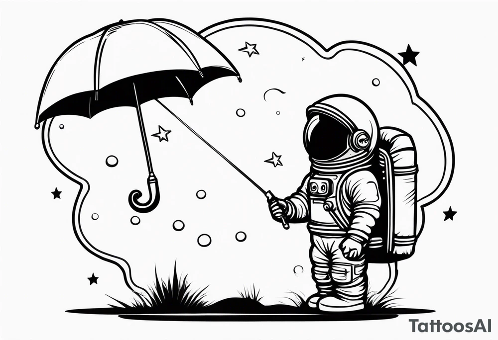 floating astronaut, with stars for eyes, holding an umbrella, with a blank speech bubble tattoo idea