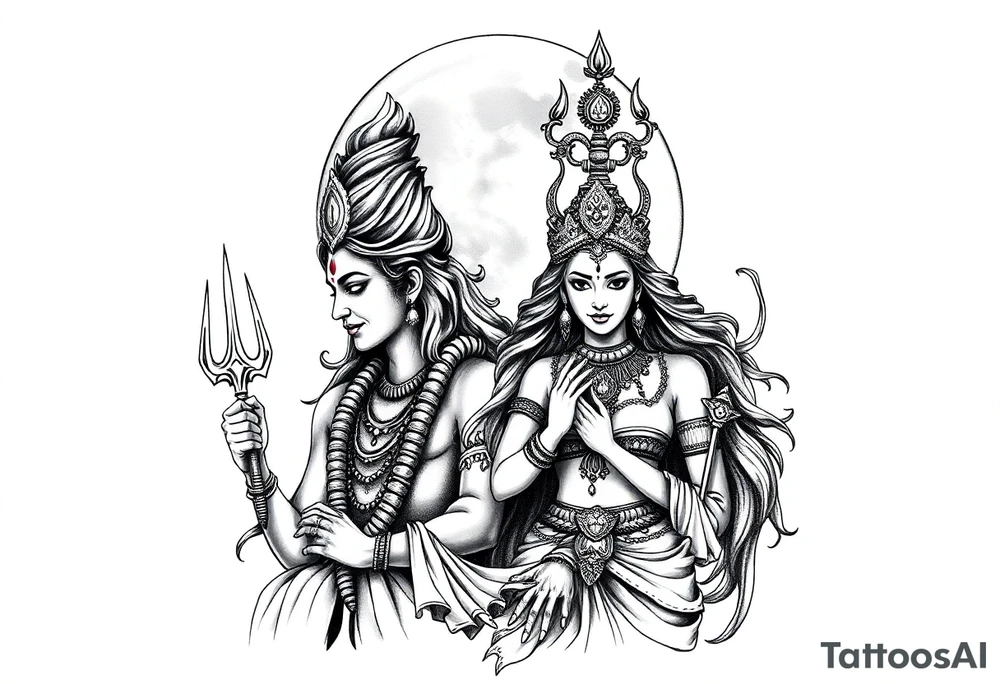 Lord Shiva, Godess Kali, Godess Lilith Together with the moon in the background tattoo idea