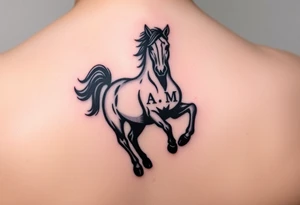 horse silhouette 
from the front which gallops from the front, with the 3 small letters discreetly integrated: L, A, M tattoo idea