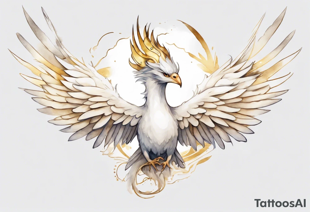 a watercolor of a white bird-serpent hybrid wearing a plain crown, with light gold wing feathers, flying in the sky tattoo idea
