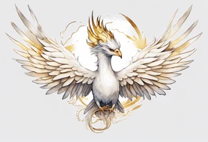 a watercolor of a white bird-serpent hybrid wearing a plain crown, with light gold wing feathers, flying in the sky tattoo idea