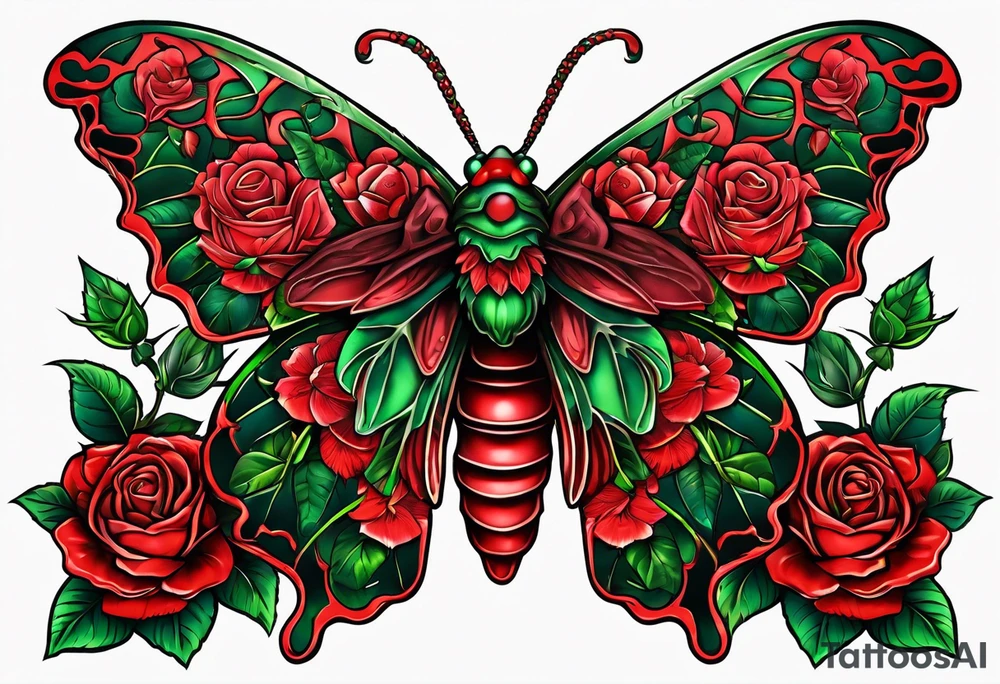 Red deaths head moth with green thorns and roses around it tattoo idea