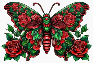 Red deaths head moth with green thorns and roses around it tattoo idea