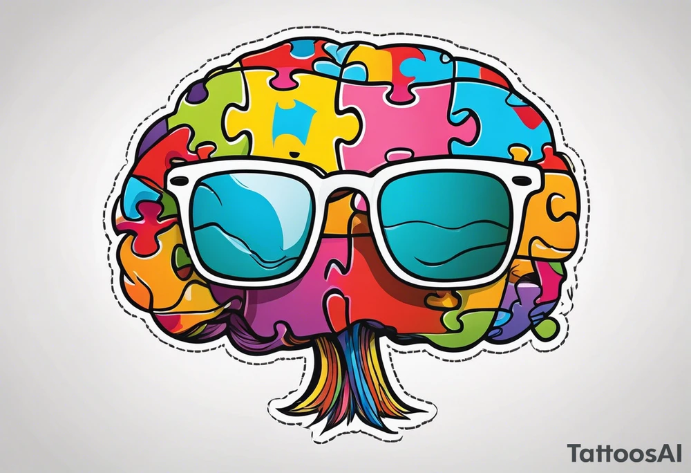 anthropomorphic brain wearing glasses, made of puzzle pieces tattoo idea