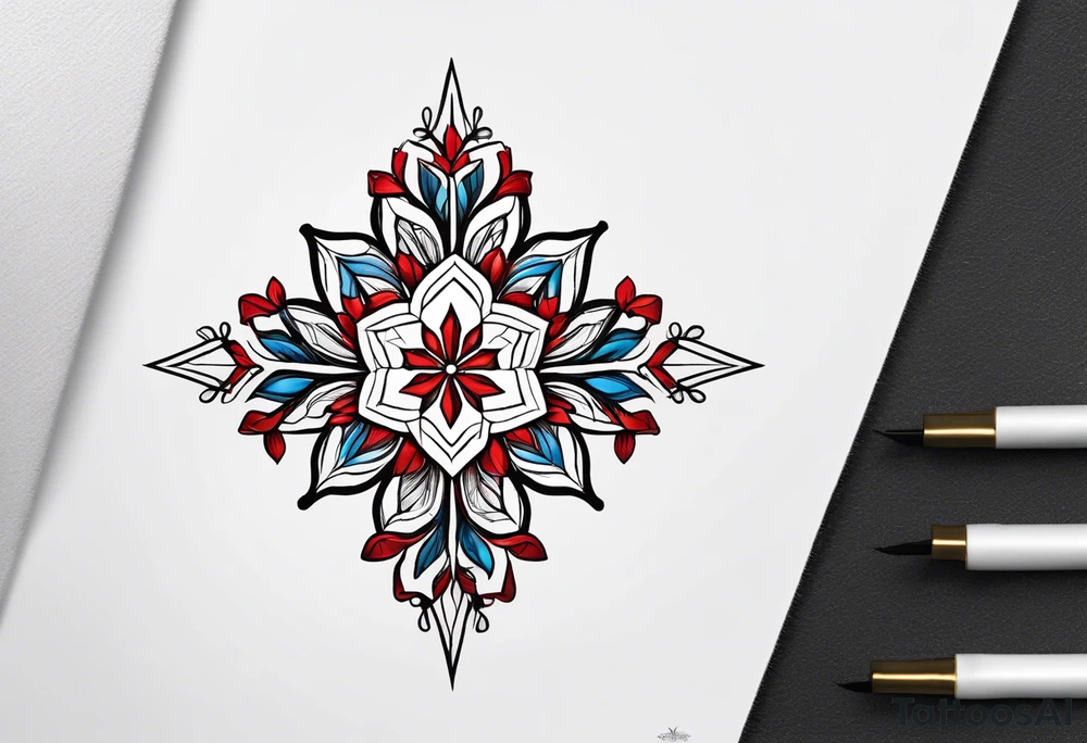 Small tattoo of a forget me knot flower linework star thats outline is red and a snowflake all separate tattoo idea