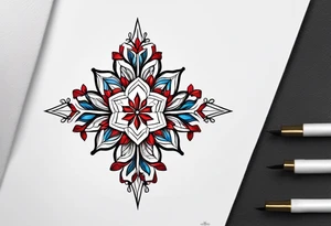 Small tattoo of a forget me knot flower linework star thats outline is red and a snowflake all separate tattoo idea