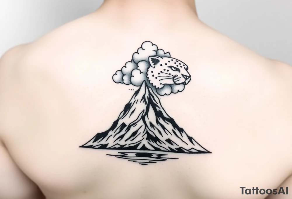 Primary focus is a mountain. At the crown of the mountain is a swath of puffy cumulus clouds. On the right side of the clouds, they form a very subtle jaguar face. At the base of the mountain is a reflective salt flats. Use Peruvian accents in the design tattoo idea