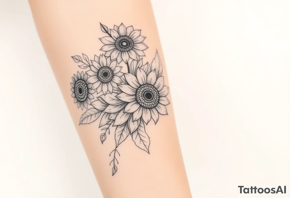 Large floral design with multiple types of flowers including sunflowers tattoo idea