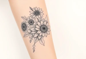 Large floral design with multiple types of flowers including sunflowers tattoo idea