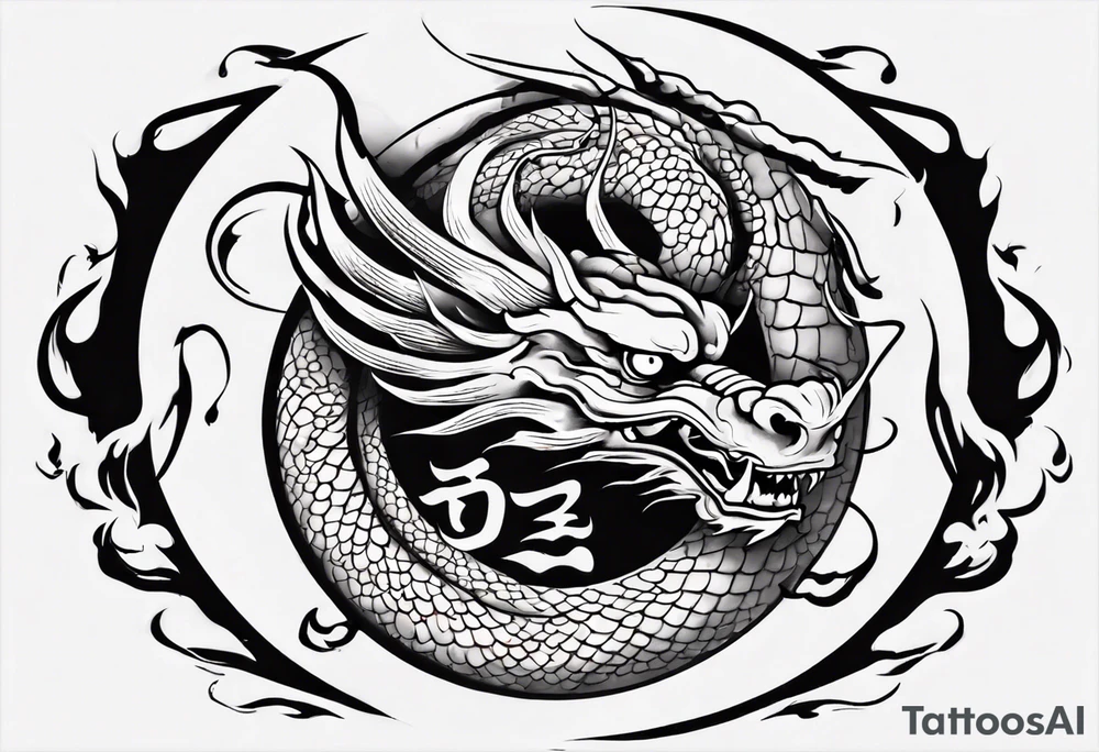 Chinese dragon in a circular shape with "02.03" written on its skin tattoo idea