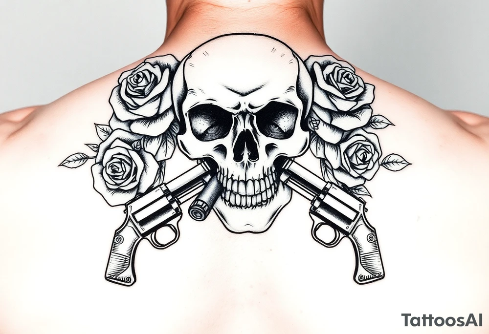 A skull with a cigar, surrounded by thorny roses and crossed pistols. tattoo idea