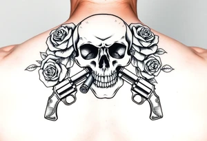 A skull with a cigar, surrounded by thorny roses and crossed pistols. tattoo idea