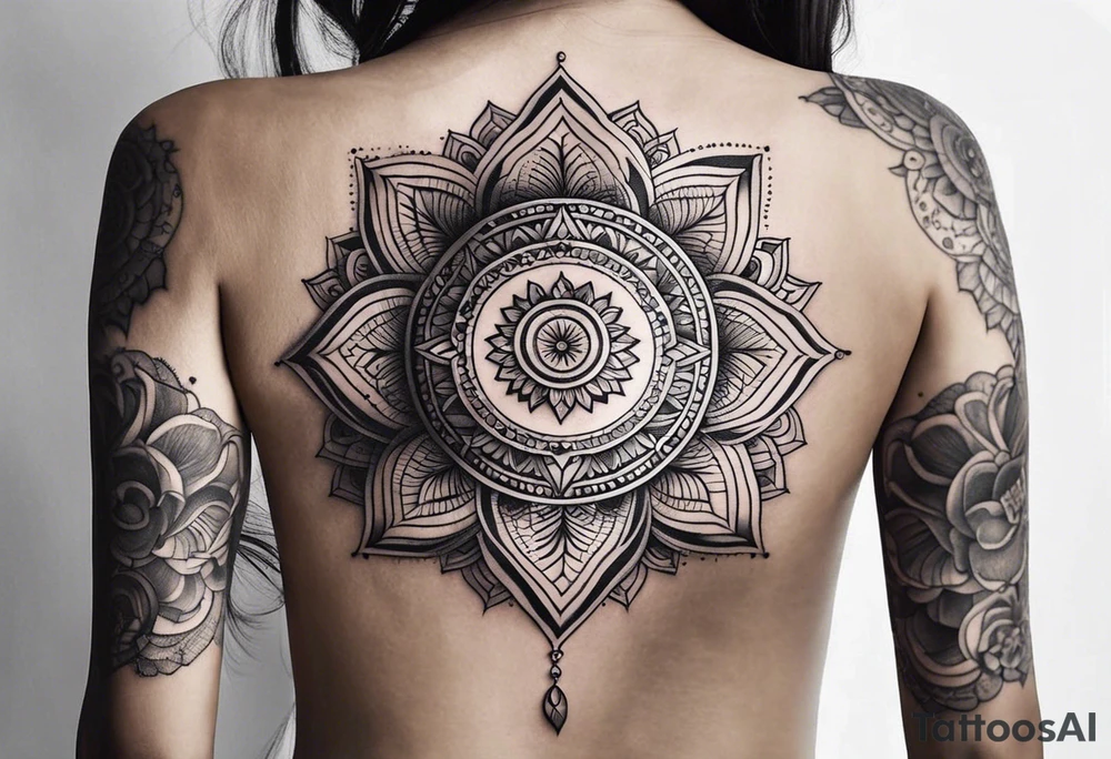 Ornamental Mandala Tattoo on Woman’s Spine,flower,moon,balance,eternity,perfection,love,patience,rising out of suffering tattoo idea