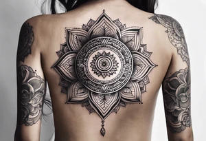 Ornamental Mandala Tattoo on Woman’s Spine,flower,moon,balance,eternity,perfection,love,patience,rising out of suffering tattoo idea