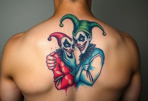 a toxic power jester couple holding each other with cheeks being pulled to force smile tattoo idea