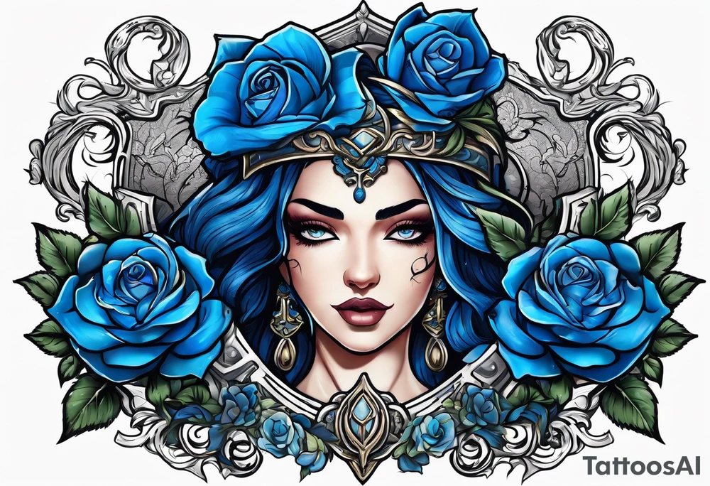 Justicia Goddess Tattoo  frame blue roses, scales and a sword, blindfolded. tattoo idea