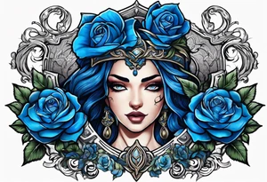 Justicia Goddess Tattoo  frame blue roses, scales and a sword, blindfolded. tattoo idea