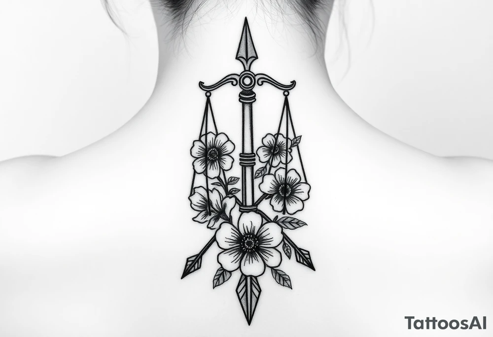 powerful Libra with flowers and spears from Nunavut and representing pain, anger love and healing for front of neck tattoo idea