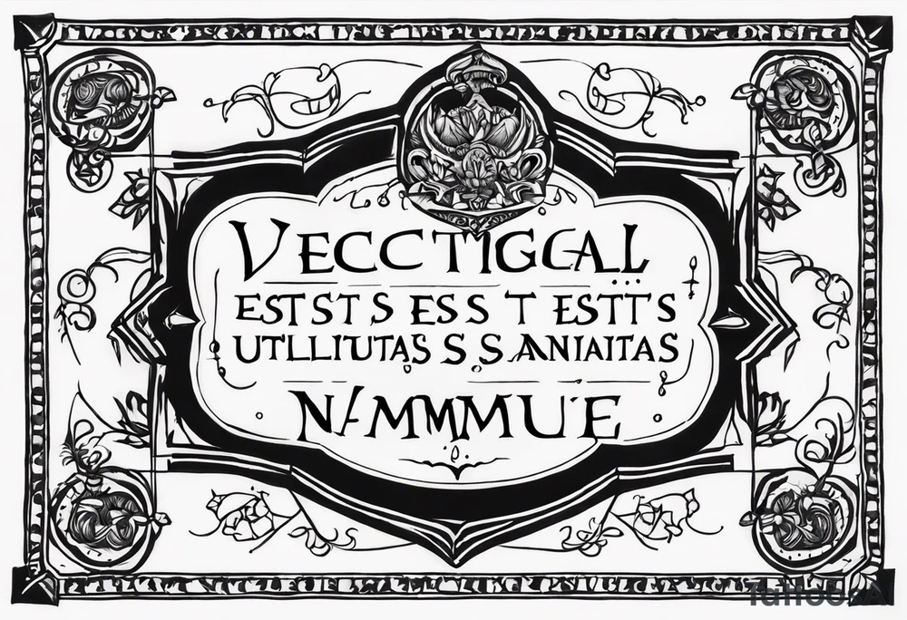 Script Latin that reads "Vectigal Vanitas est, utilitas Sanitas est, Nummus est Rex" tattoo idea