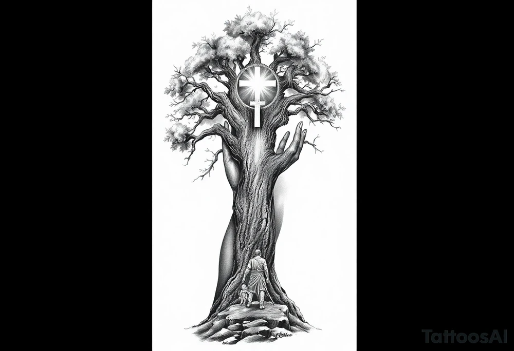 A highly detailed black and grey realism tattoo sleeve design that tells a story of faith, family, and perseverance. A large, deeply rooted tree with strong branches represents family and growth. Within the bark of the tree, hidden images of hands clasped together and a father guiding a child can be seen. A distant cross glows subtly through a stormy sky, symbolizing divine guidance. A warrior stands at the base of the tree, looking toward the cross, representing endurance through hardship. The design blends realism and abstract elements, with deep shadows at the base fading into light near the shoulder. tattoo idea