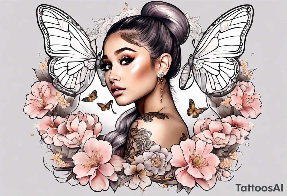 Ariana Grande surrounded in a golden aura with cherry blossoms and white butterflies with a key that unlocks a heart tattoo idea