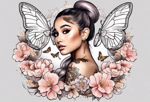 Ariana Grande surrounded in a golden aura with cherry blossoms and white butterflies with a key that unlocks a heart tattoo idea