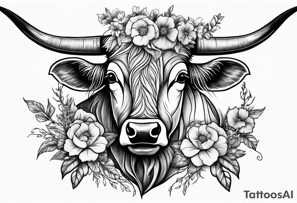 Western longhorn with flowers and barbed wire intertwined into the horns tattoo idea