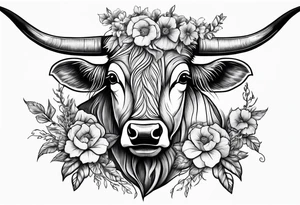 Western longhorn with flowers and barbed wire intertwined into the horns tattoo idea