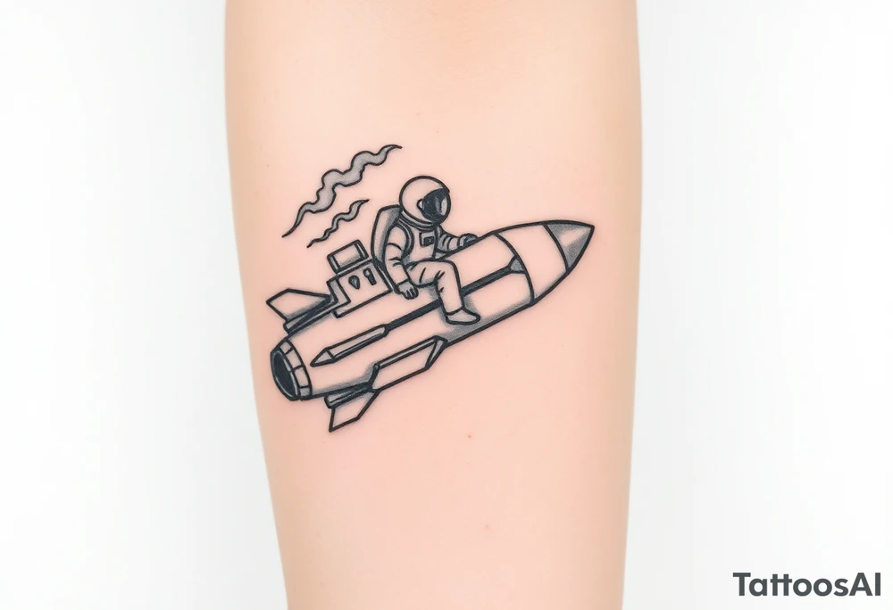 Busted Rocket ship with smoke coming out the back with astronaut riding it tattoo idea