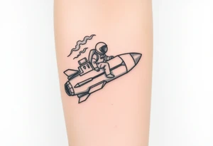 Busted Rocket ship with smoke coming out the back with astronaut riding it tattoo idea
