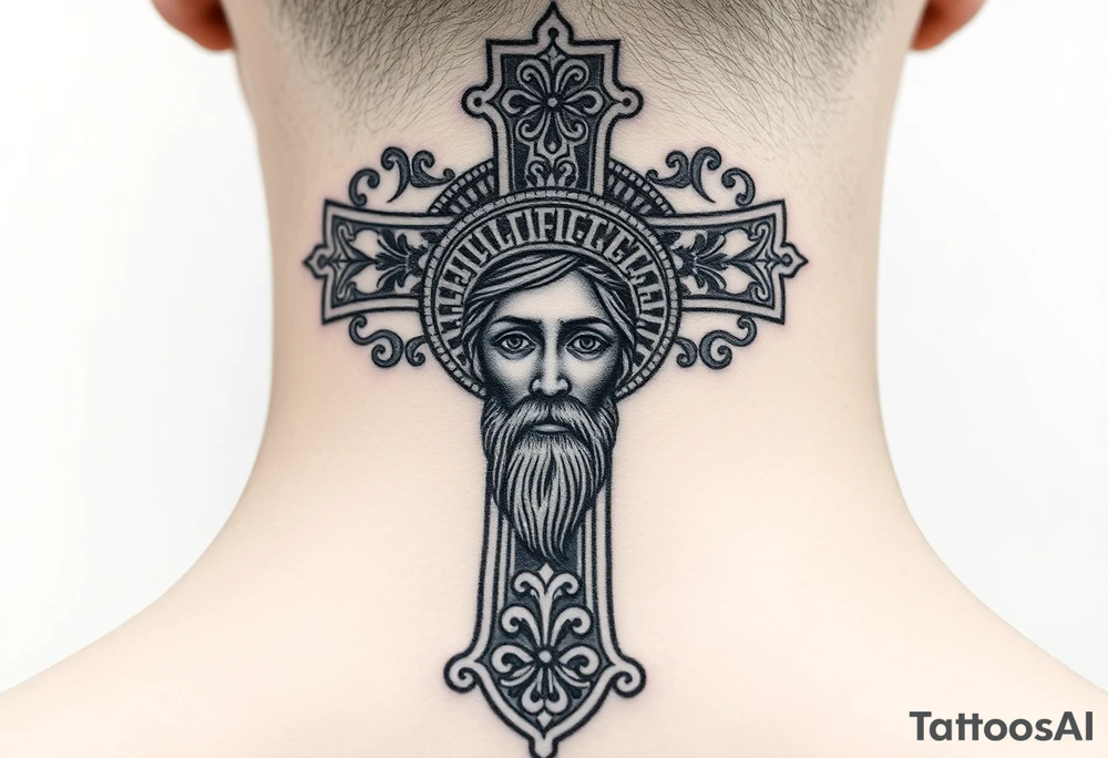A large Orthodox cross with ornate detailing
Christ Pantocrator face (very traditional Orthodox icon style) tattoo idea