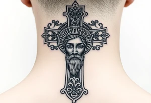 A large Orthodox cross with ornate detailing
Christ Pantocrator face (very traditional Orthodox icon style) tattoo idea
