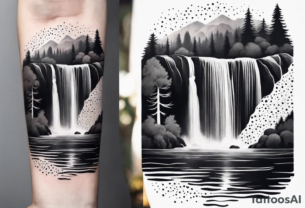 waterfall going into a river with a camp site in Australia tattoo idea