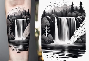 waterfall going into a river with a camp site in Australia tattoo idea