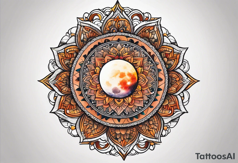 male moon mandala Knee tattoo in fall colors tattoo idea