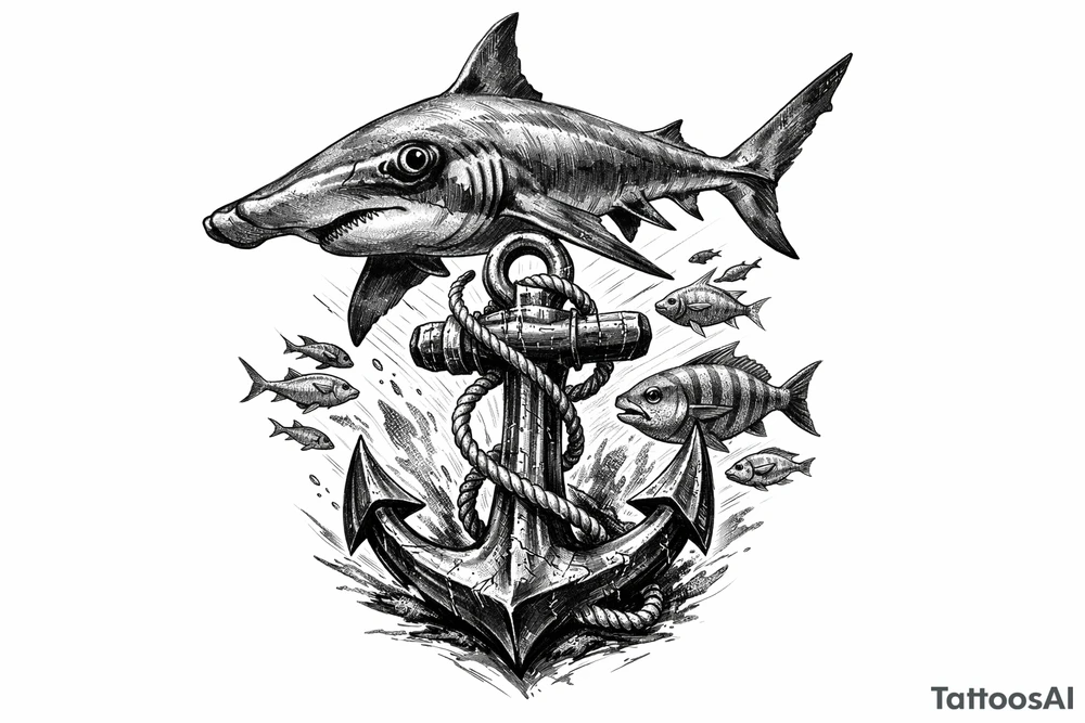 a hammerhead-shark, under it an anchor,fishes. tattoo idea