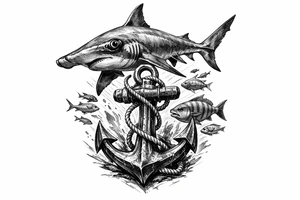 a hammerhead-shark, under it an anchor,fishes. tattoo idea