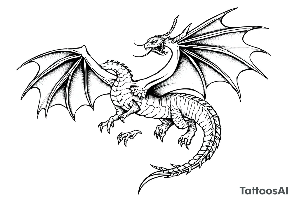 Dragon flying with outstretched wings and a long and slender body and outstretched tail tattoo idea