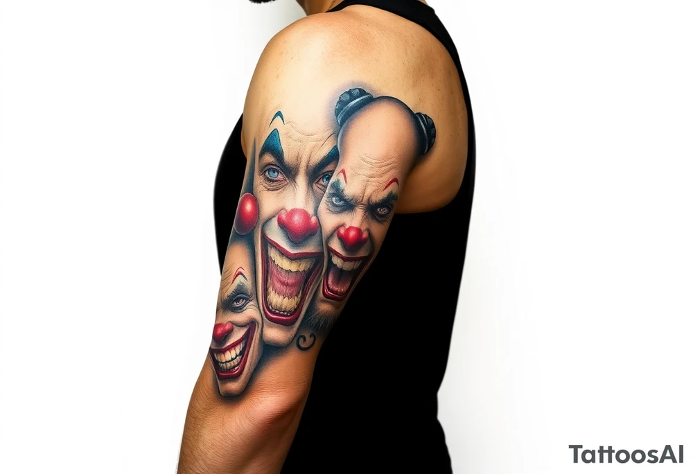 creative collage of different emotional clown faces tattoo idea