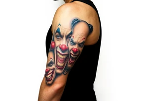 creative collage of different emotional clown faces tattoo idea