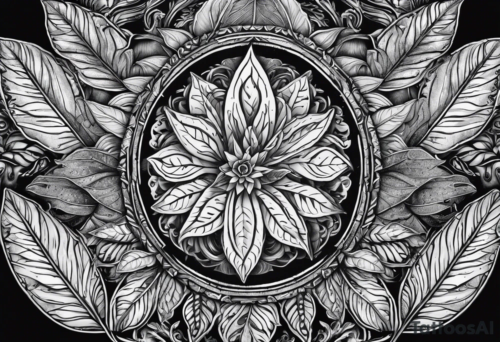 Ayahuasca leaves with small shot glass of ayahuasca in the middle tattoo idea