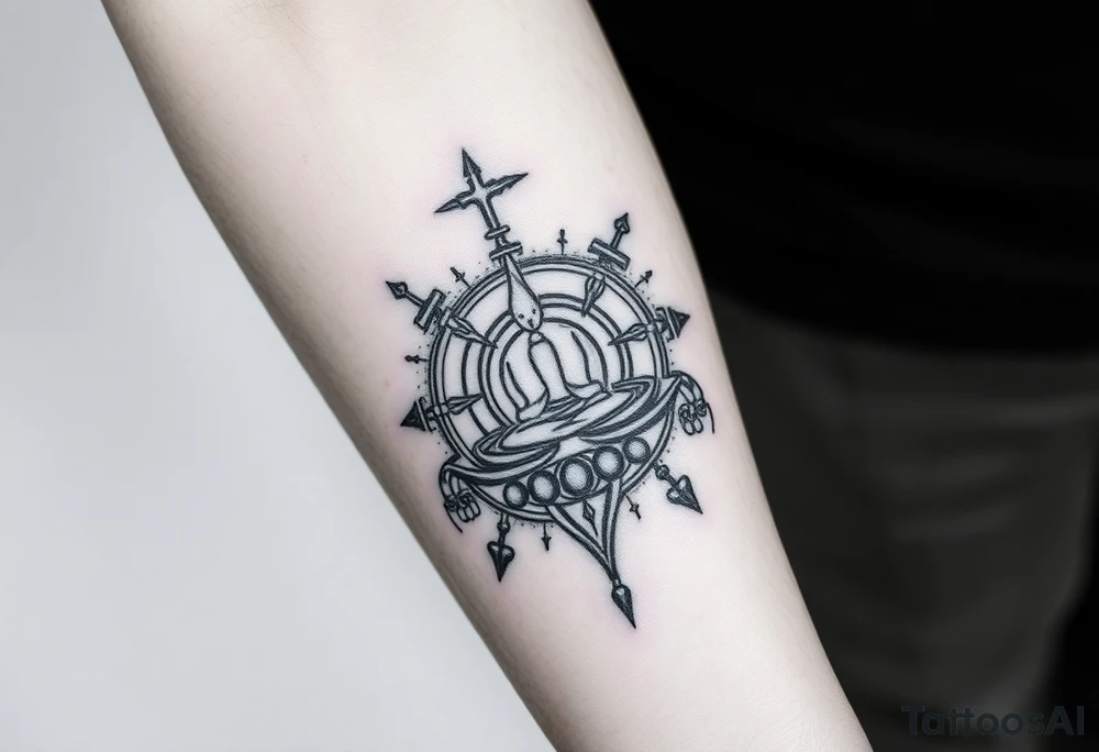A symbol of victory over enemies surrounded by symbols of meditation and a new life tattoo idea