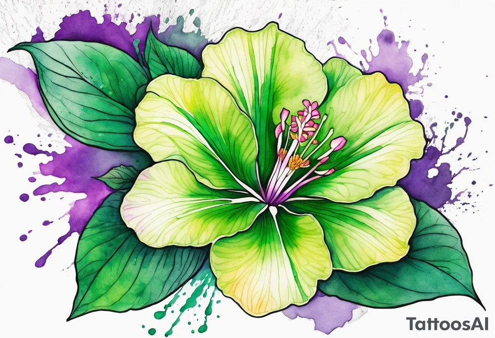 An outline of an only green rio dipladenia flower and a green/purple watercolor splash in the background tattoo idea