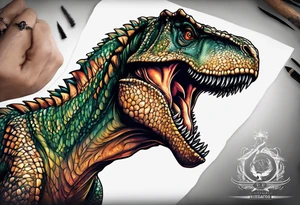 dinosauro ti-rex abraçado em um anjo tattoo idea